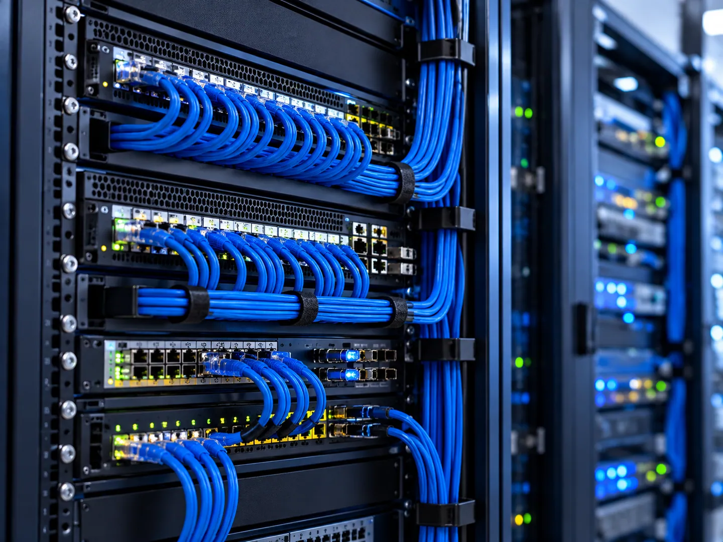 Organized network infrastructure and blue patch cables