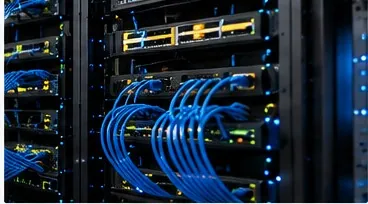 Network rack with blue patch cables